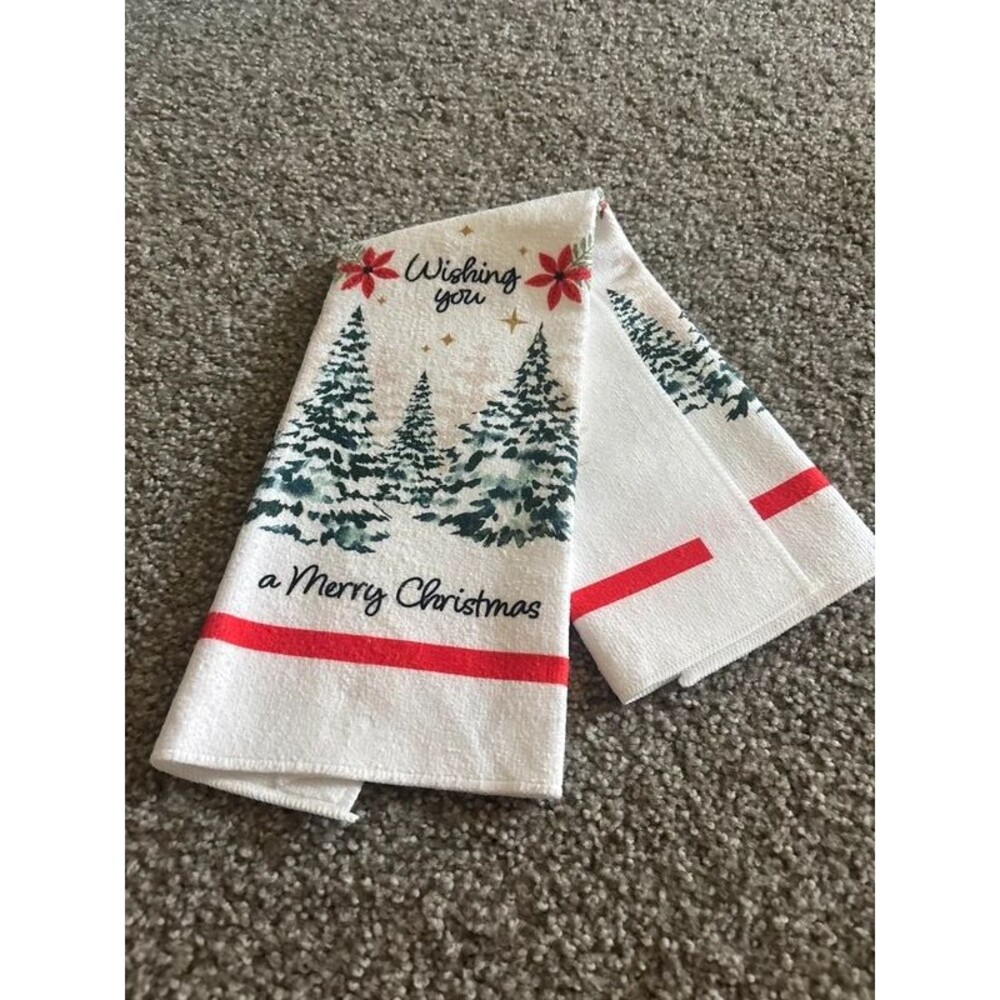 Wishing You A Merry Christmas Kitchen Dish Towel Snowy Pine Trees Tea Towel
